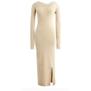 J CREW Ribbed Knit Scoop Neck Midi Sweater Dress Side Slit Beige Minimalist Sz S